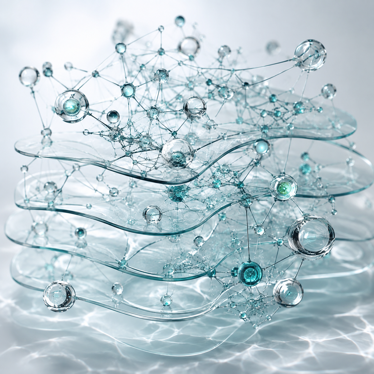 Abstract glass network of connected nodes and layered structures, representing clinical knowledge.